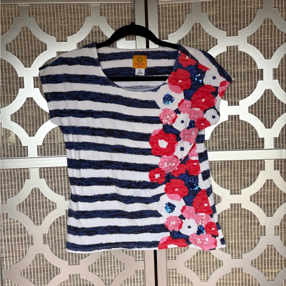 Ruby Rd. Blue Striped Blouse with Red and Pink Floral Design